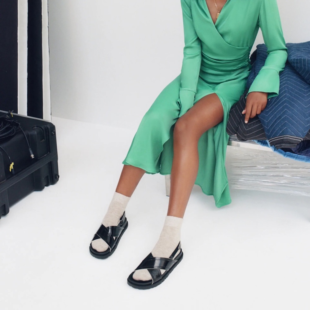 Zara TRF black flat cross strap sandals